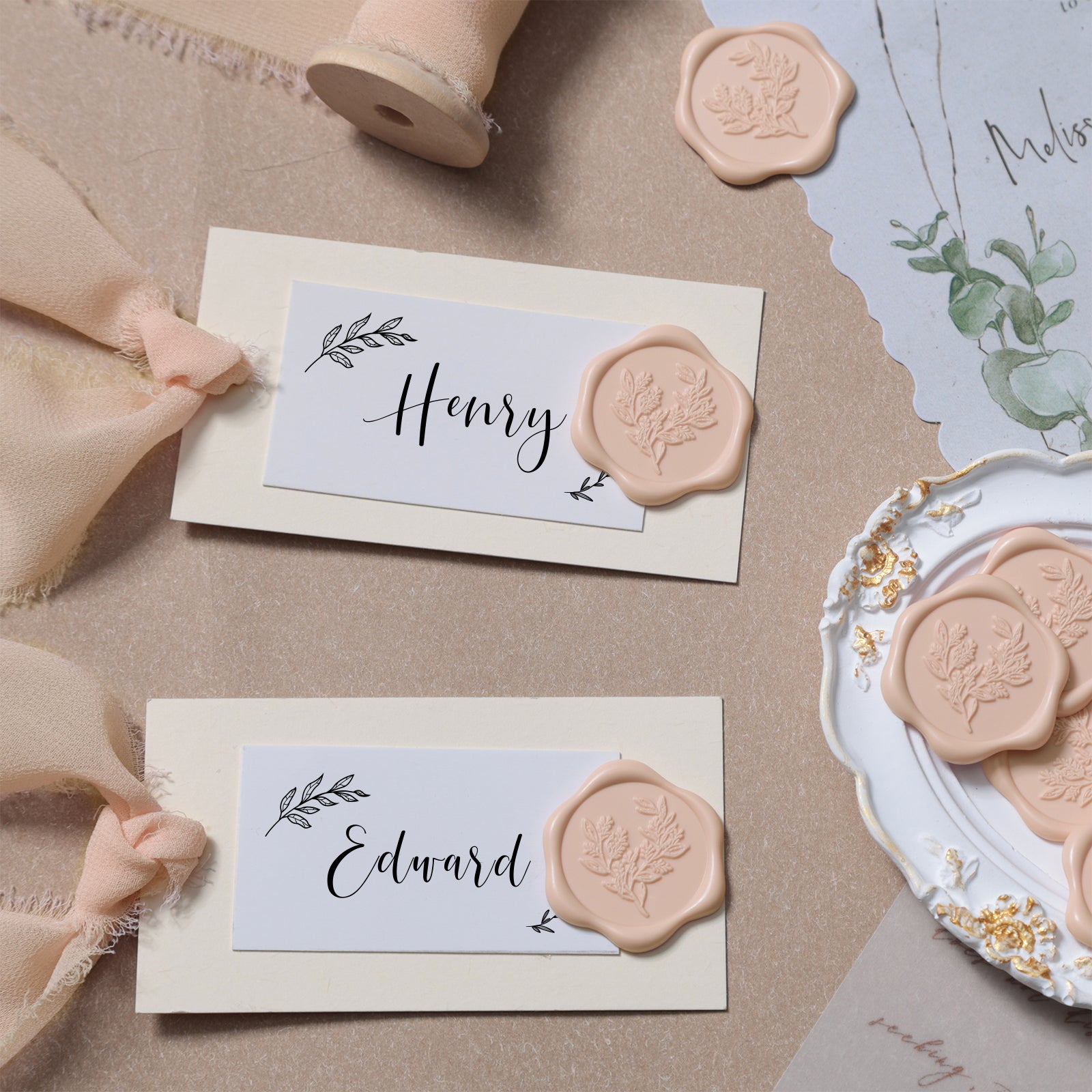 Wax Seal Stickers - Wedding Invitation Envelope Seal Stickers Self Adhesive Blush Pink Stickers, Eucalyptus, 50pcs