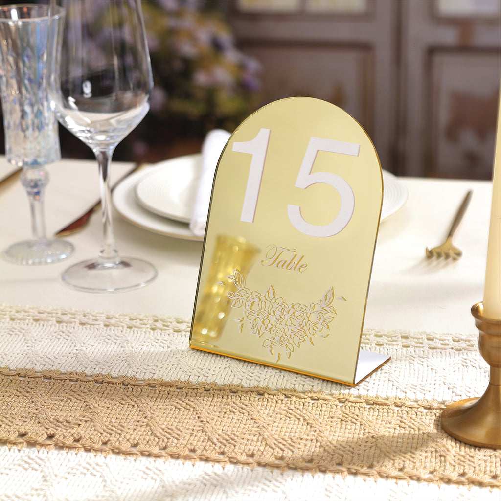 UNIQOOO Gold Mirror Wedding Table Numbers with Stands 1-20 set, 5x7'' Acrylic Arch Signs with Holders and Printed Calligraphy