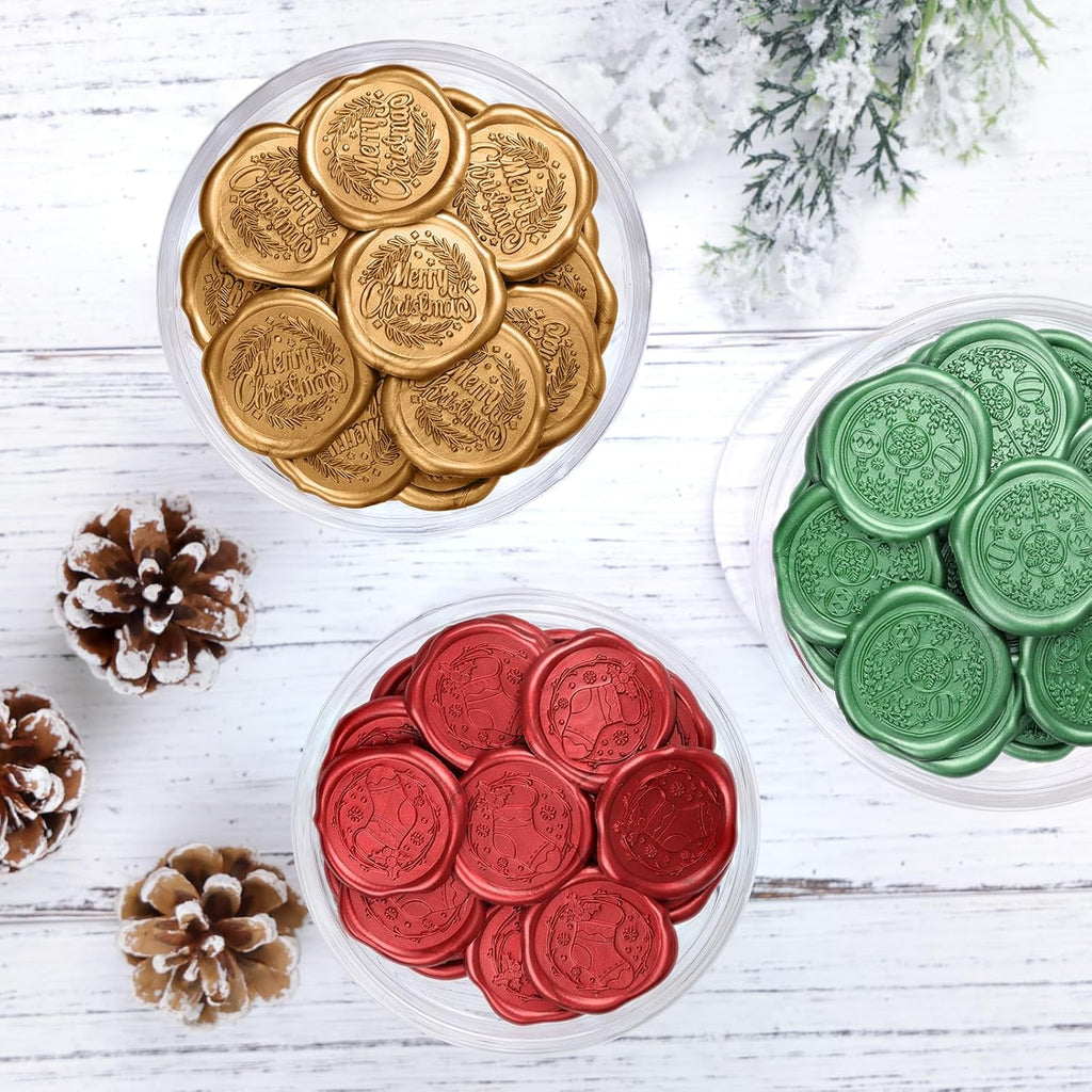 Christmas Wax Seal Stickers - Invitation Envelope Seal Stickers, 60 Pcs Self-Adhesive Gold Red Green Stickers, Perfect for Xmas, Gift Wrapping, (Merry Christmas, Christmas Stocking, Ornament)