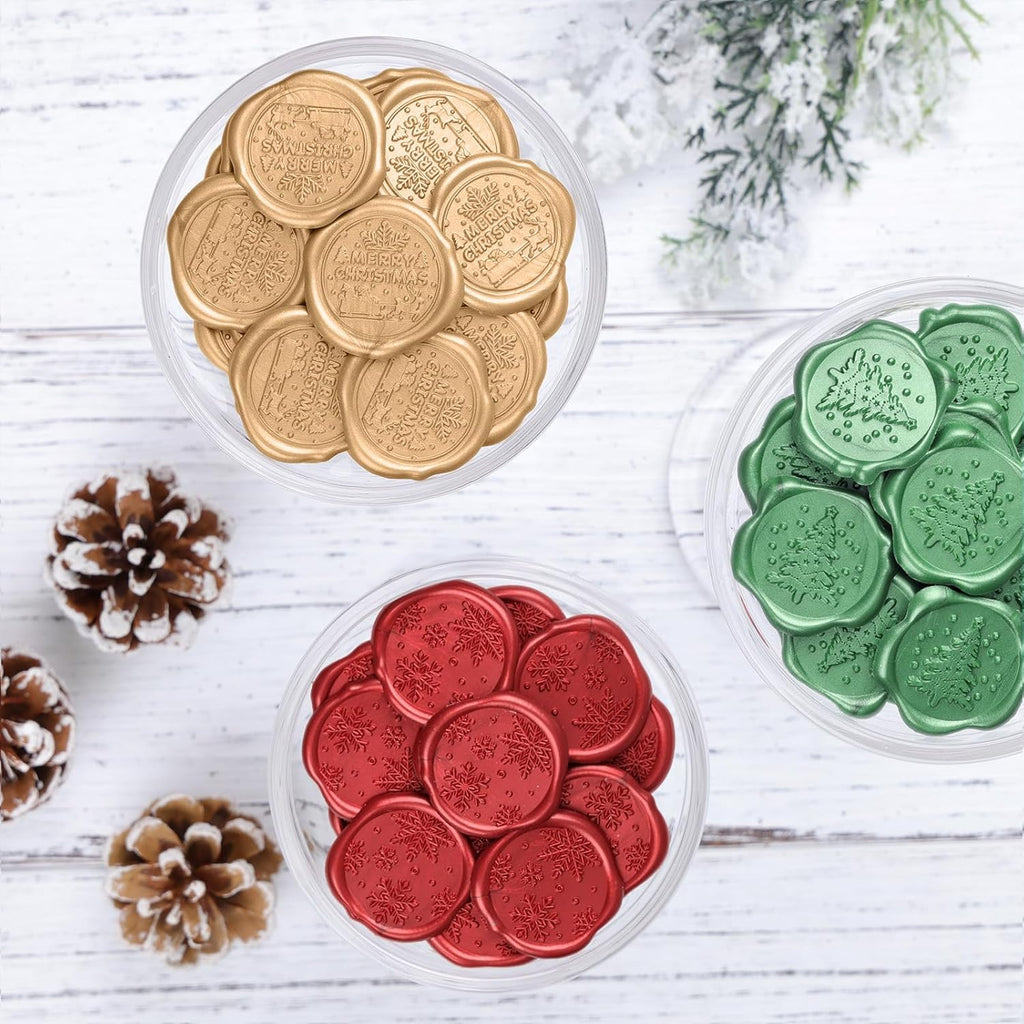 Christmas Wax Seal Stickers - Invitation Envelope Seal Stickers, 60 Pcs Self-Adhesive Gold Red Green Stickers, Perfect for Xmas, Valentines, (Merry Christmas, Christmas Tree, Snowflake)