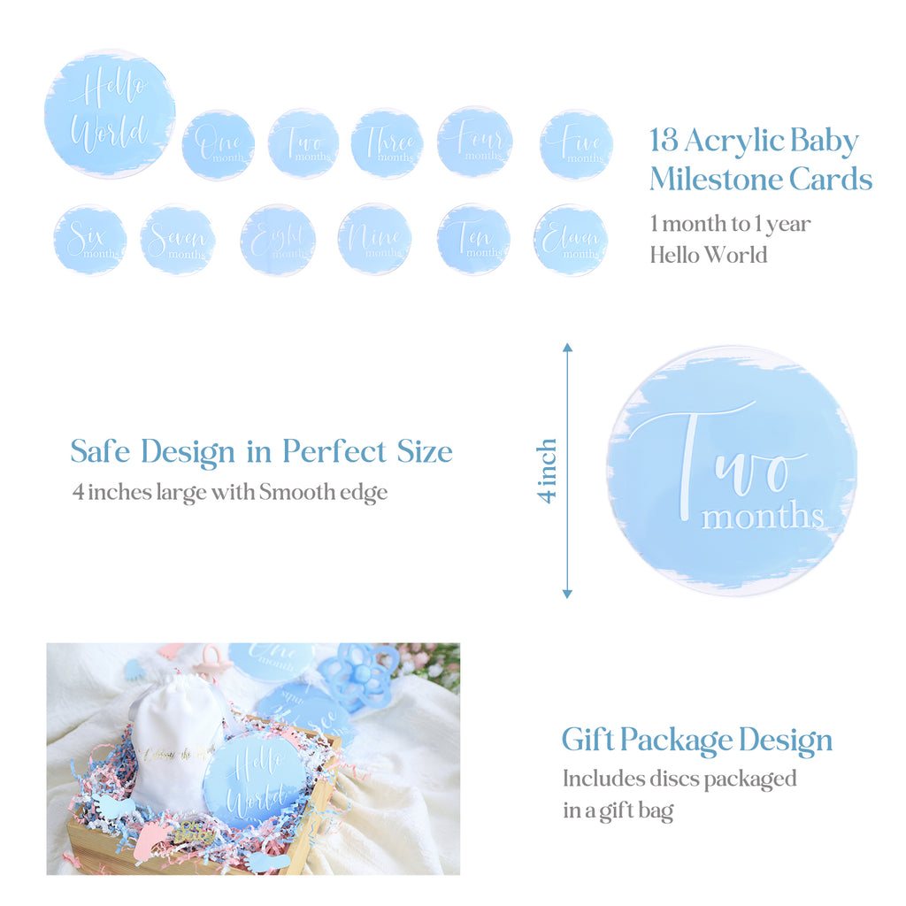 UNIQOOO 13Pcs Blue Baby Monthly Milestone Marker Discs Handmade-Style Printed|Acrylic Milestone Cards for Baby Announcement