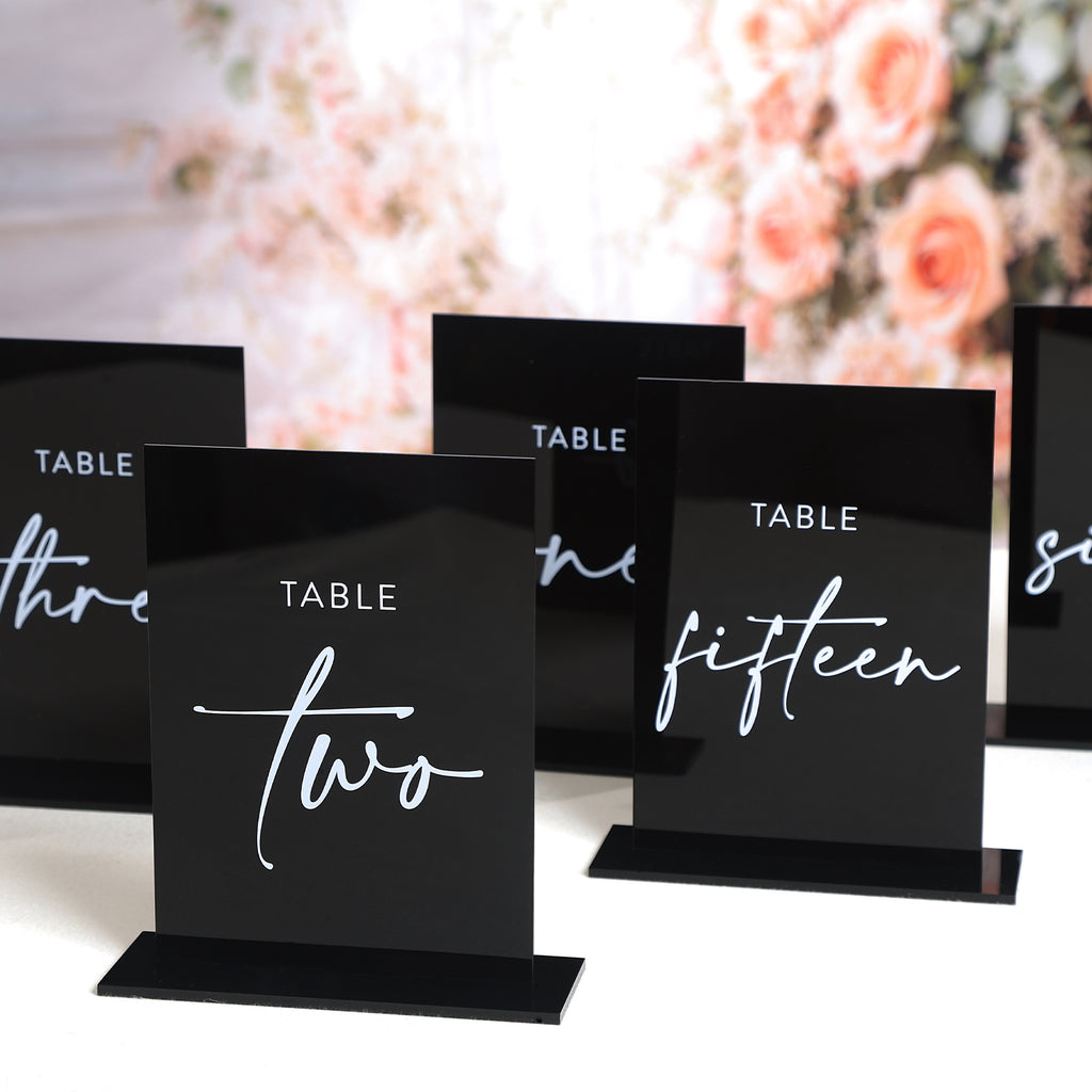 UNIQOOO Black Wedding Double Sided Table Numbers with Stands 1-20 set, 5x7'' Acrylic Signs with Holders and Printed Calligraphy