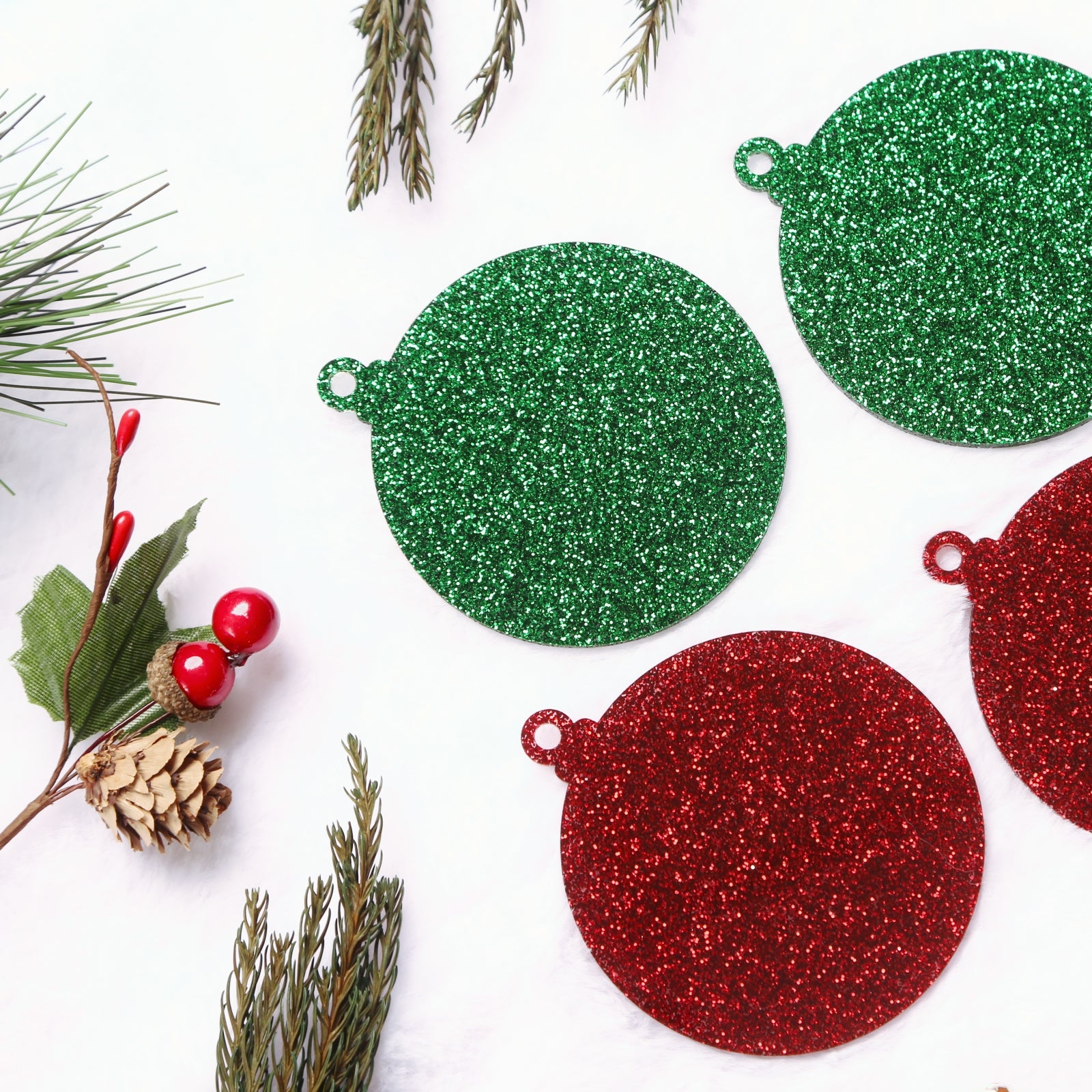 Acrylic Sparkle Glitter  Christmas Ornaments Set,  3", 3mm Thick, Round (Red & Green Glitter)