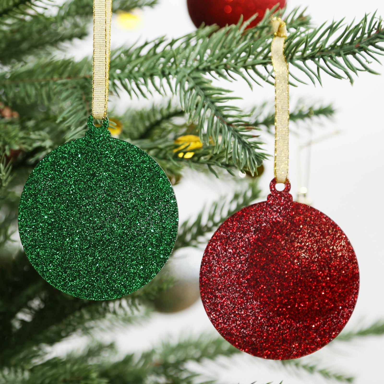 Acrylic Sparkle Glitter  Christmas Ornaments Set,  3", 3mm Thick, Round (Red & Green Glitter)