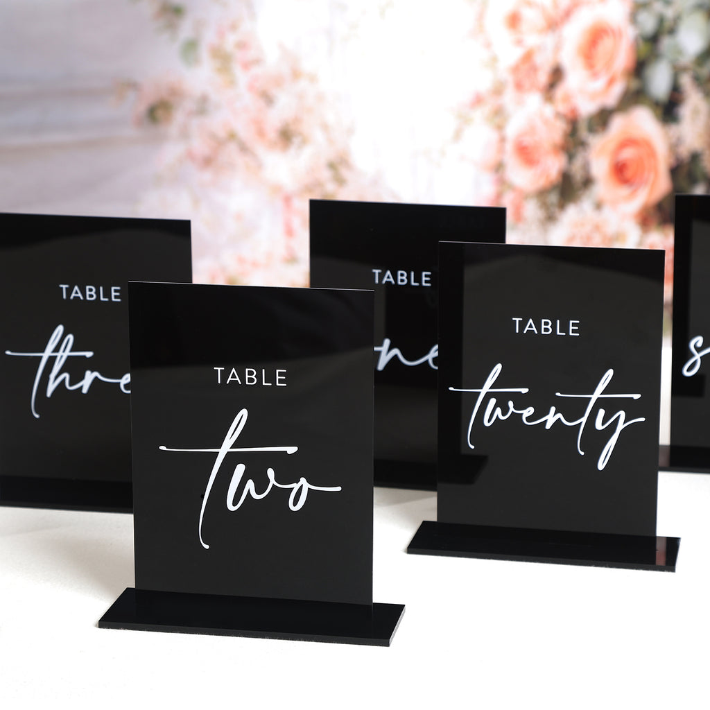 UNIQOOO Black Wedding Double Sided Table Numbers with Stands 1-15 set, 5x7'' Acrylic Signs with Holders and Printed Calligraphy