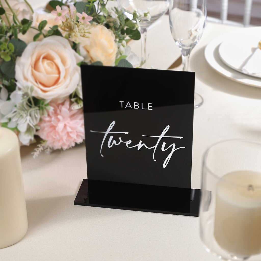 UNIQOOO Black Wedding Double Sided Table Numbers with Stands 1-15 set, 5x7'' Acrylic Signs with Holders and Printed Calligraphy