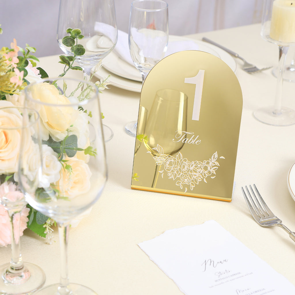 UNIQOOO Gold Mirror Wedding Table Numbers with Stands 1-20 set, 5x7'' Acrylic Arch Signs with Holders and Printed Calligraphy