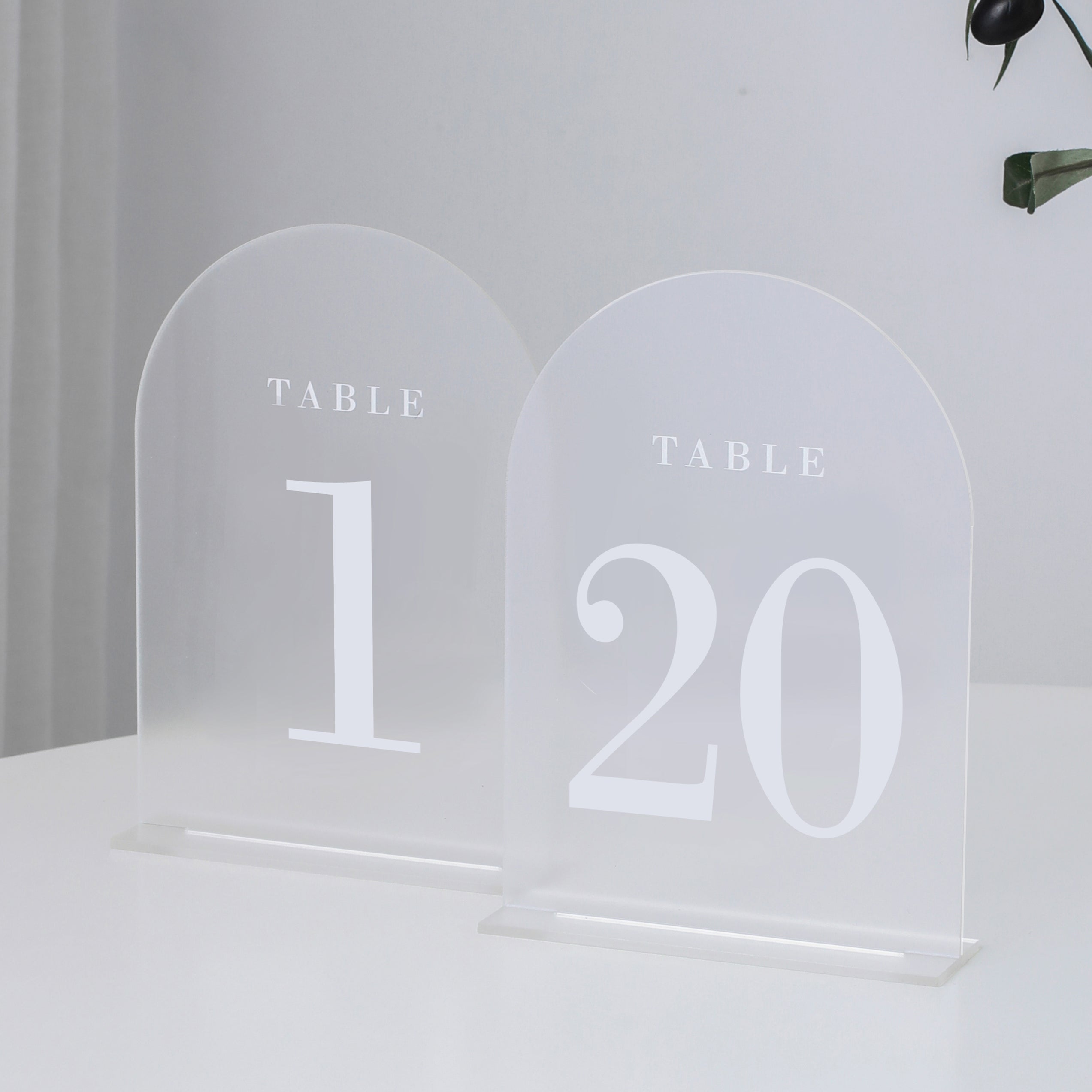 Frosted Arch Wedding Table Numbers with Stands 1-20