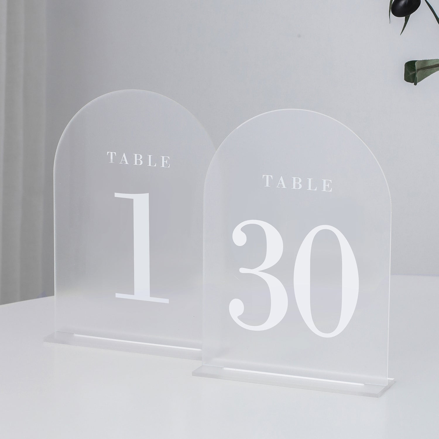 Frosted Arch Wedding Table Numbers with Stands 1-30