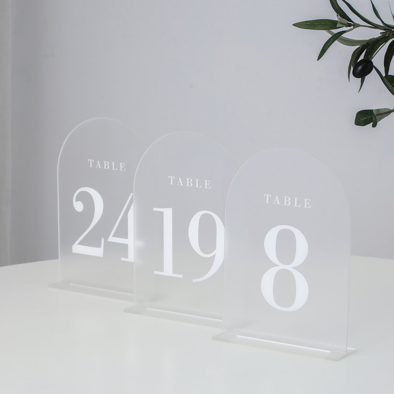 Frosted Arch Wedding Table Numbers with Stands 1-20