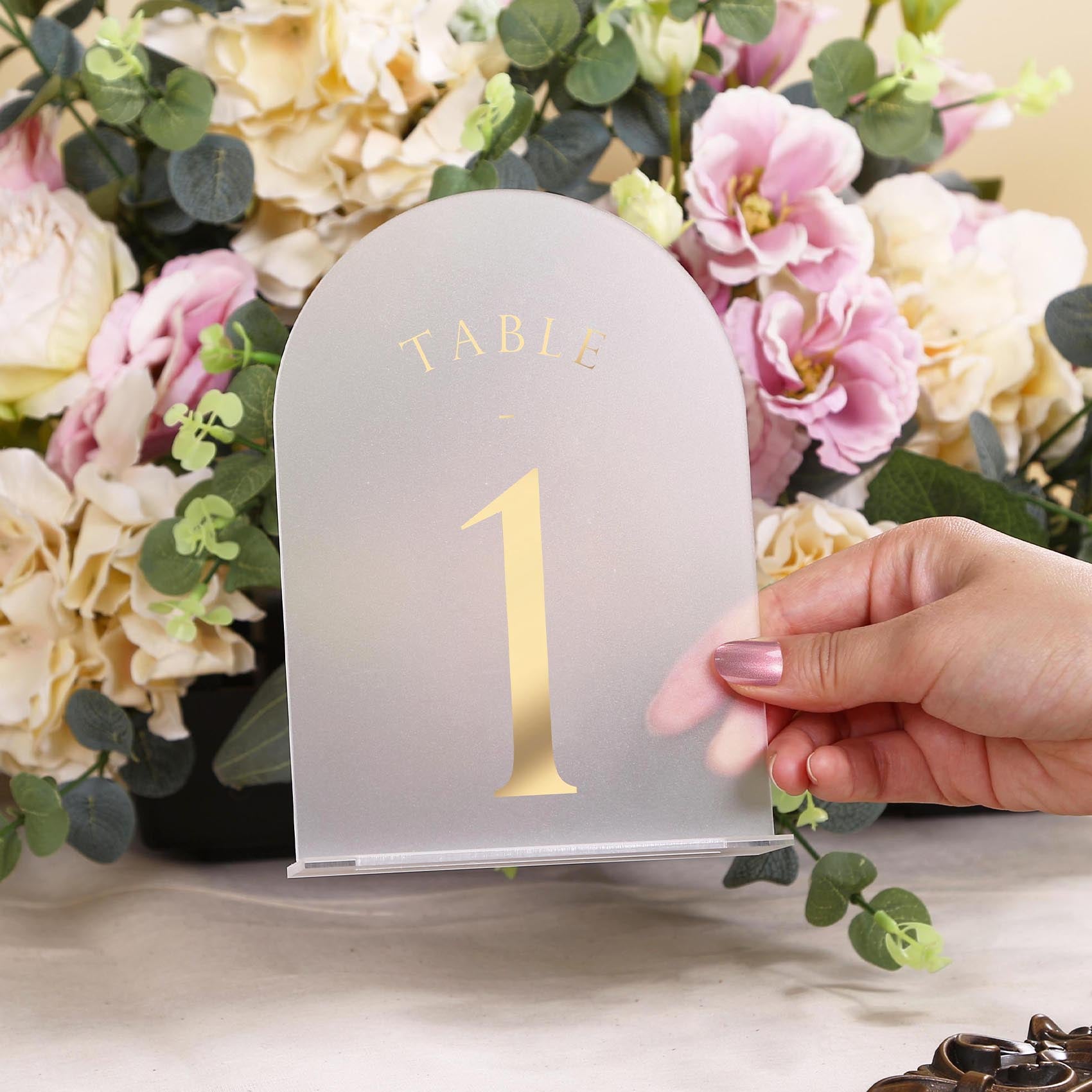 Frosted Arch Wedding Table Numbers with Stands 1-15