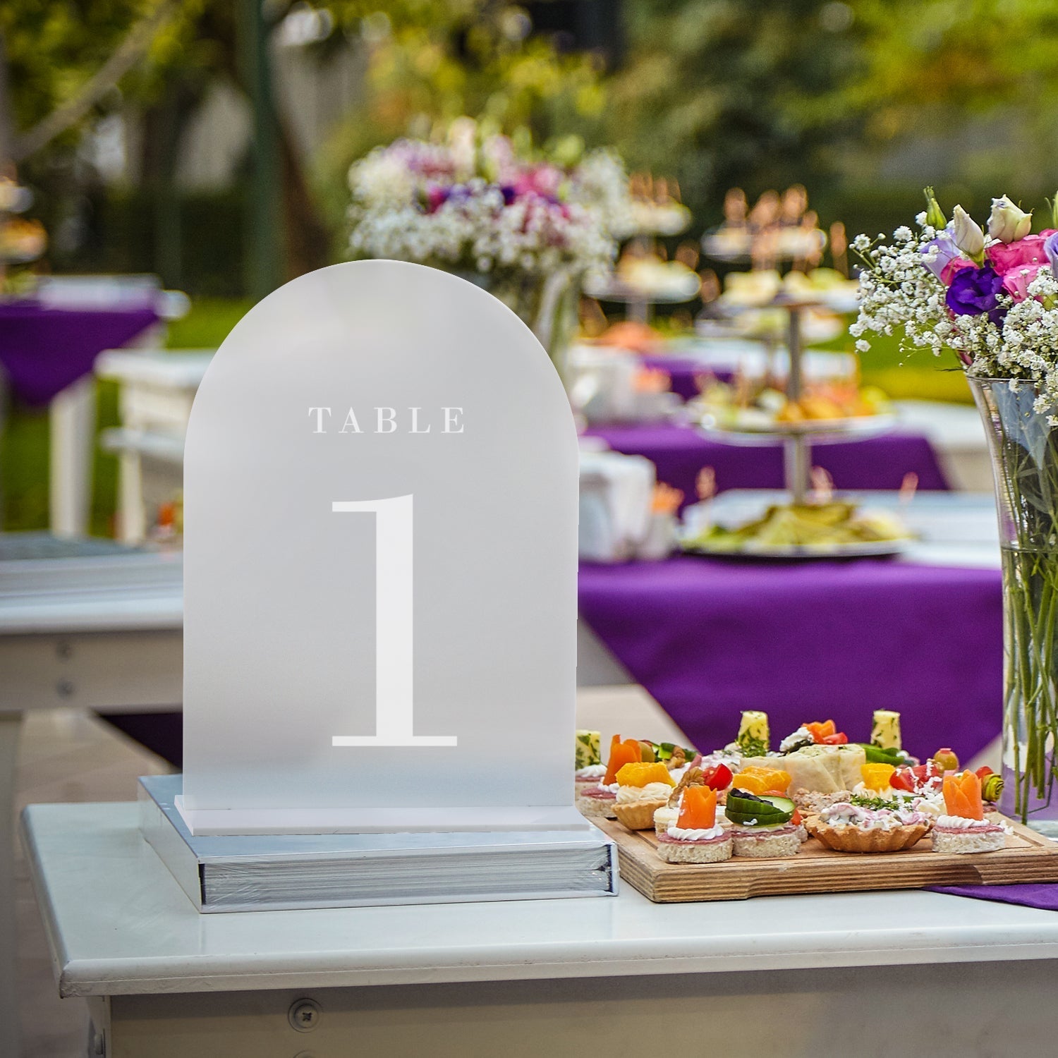 Frosted Arch Wedding Table Numbers with Stands 1-30