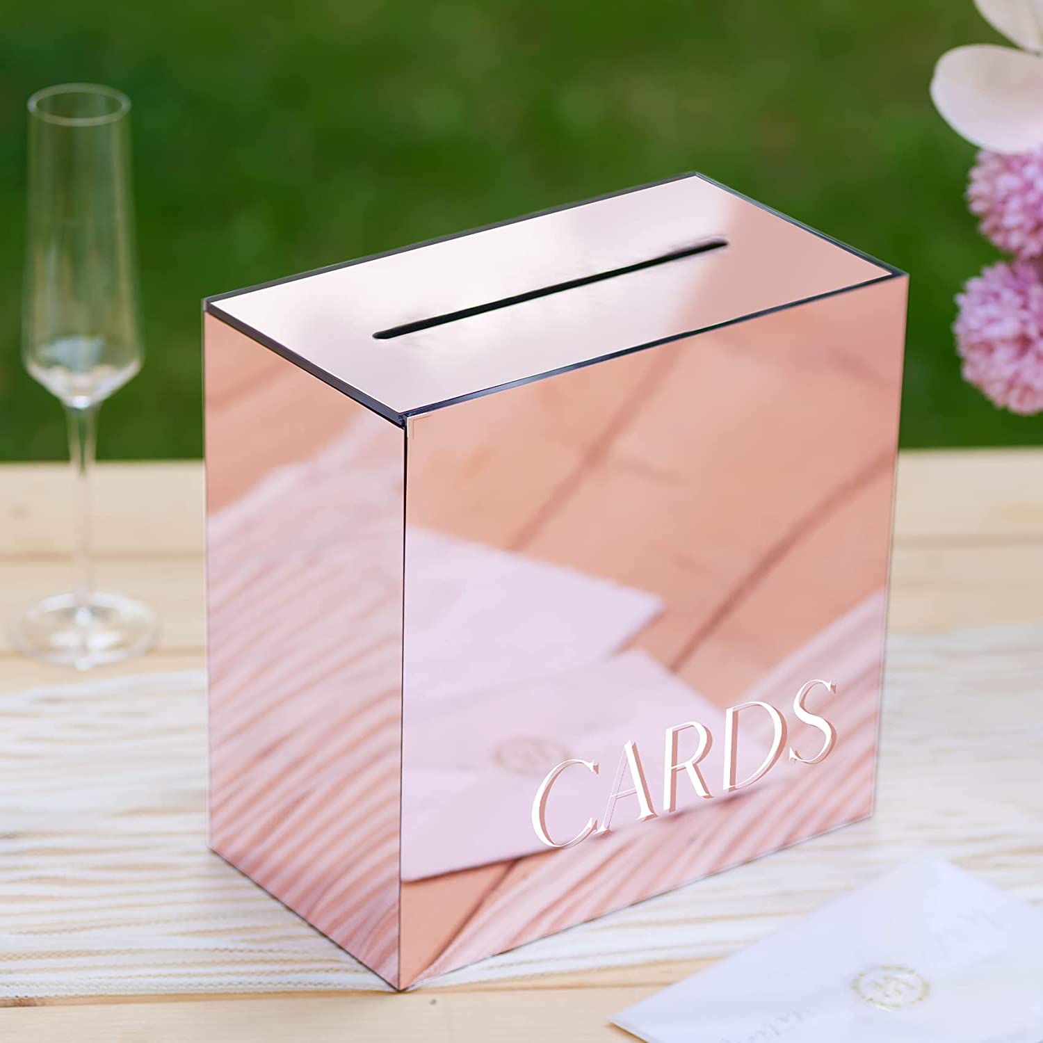 Acrylic Card Box, Rose Gold Mirror / White Print