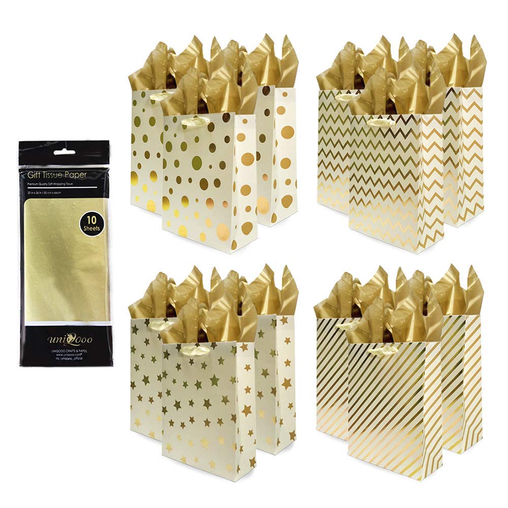 UNIQOOO 12Pcs Premium Assorted Gold Metallic Foil Gift Bags & Tissues, Bag Large 12.5''x10.5x4'', w/10 Pcs Gold Tissue Papers 20''x26'', Gift Wrapping Set,Wedding,Birthday,Party,Christmas,Holiday Gift ( Only Delivery to US)