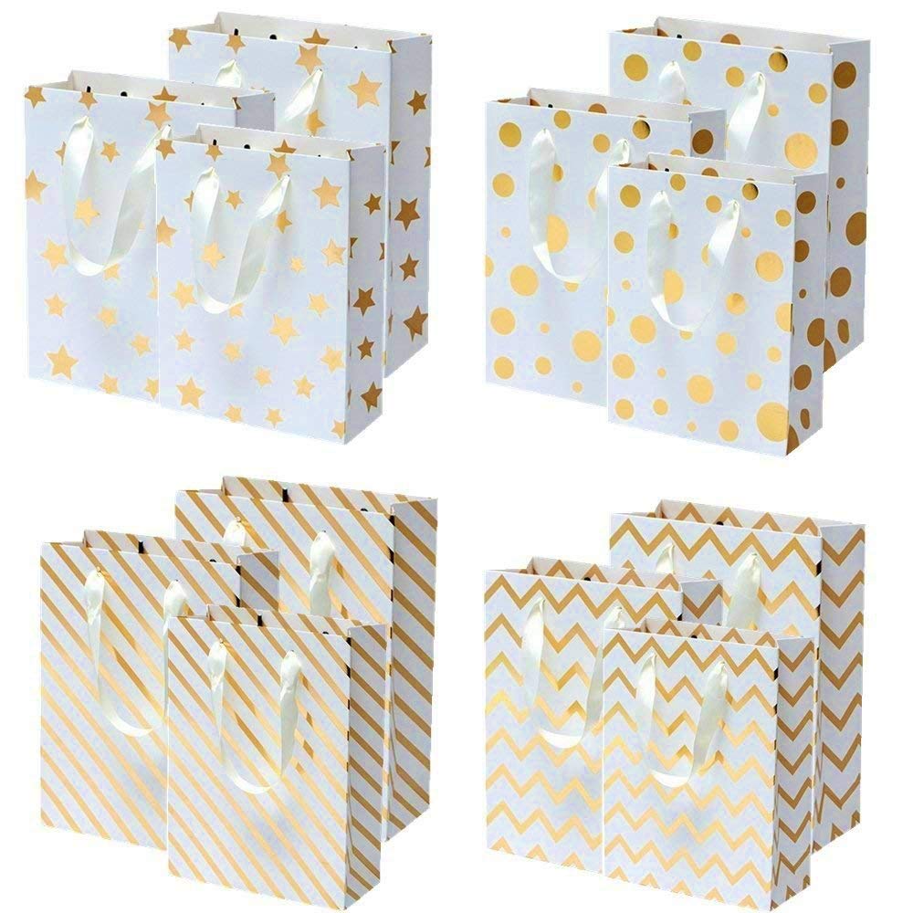 UNIQOOO 12Pcs Premium Gold Metallic Stars Medium Gift Bags Bulk, 9 1/2