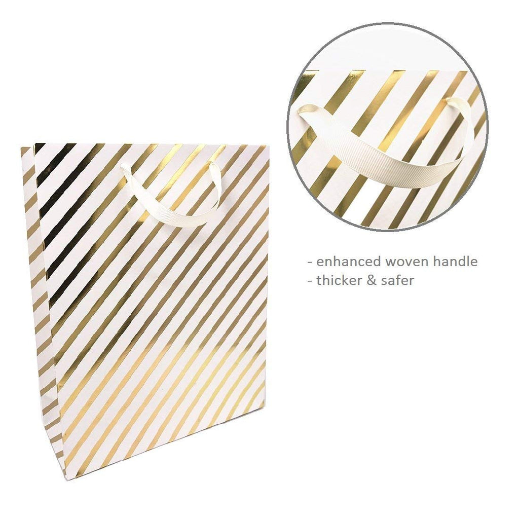 Metallic Gold Paper Gift Bags with Handles, Chevron, Polka Dot & Stripe Patterns - 12 PCS. Medium