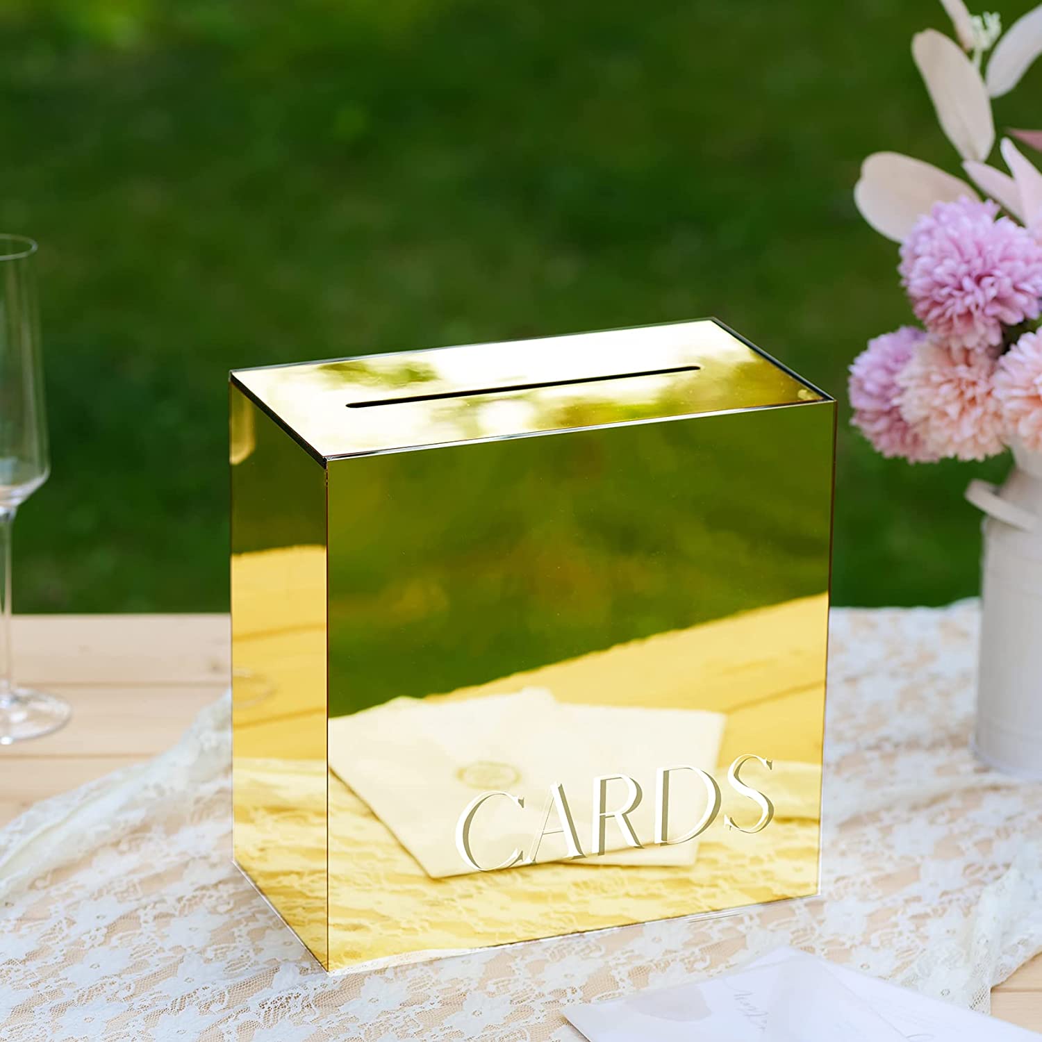 Acrylic Card Box, Gold Mirror / White Print