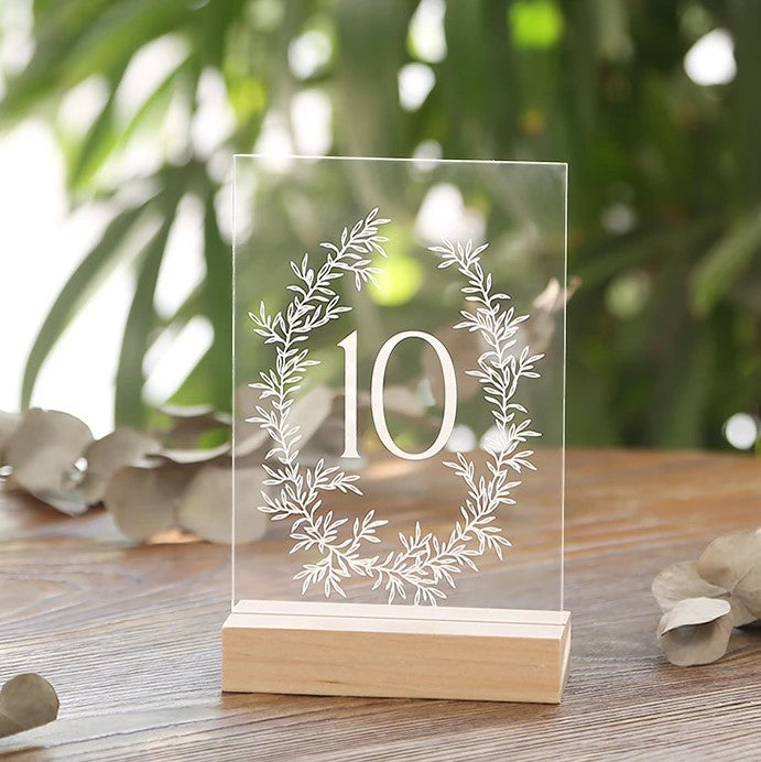 Printed Olive Wreath Acrylic Table Numbers For Wedding | 4x6 inch 1-20 With Wood Stands